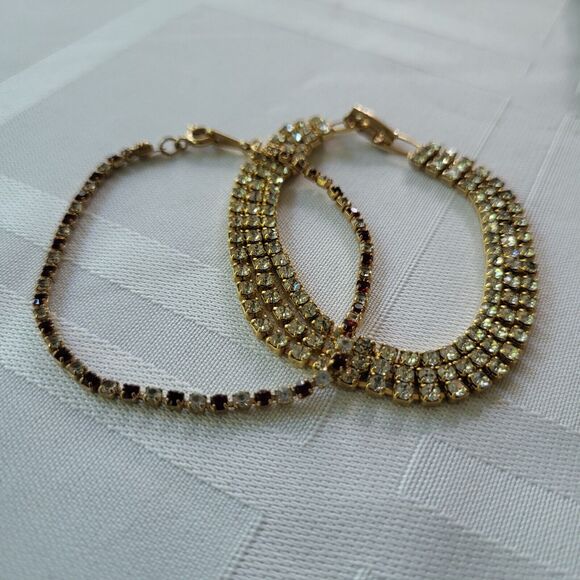 Vtg Tennis Bracelets Set Of Two 3-Strand Gold Tone Sparkle 7" Avon - Picture 1 of 7